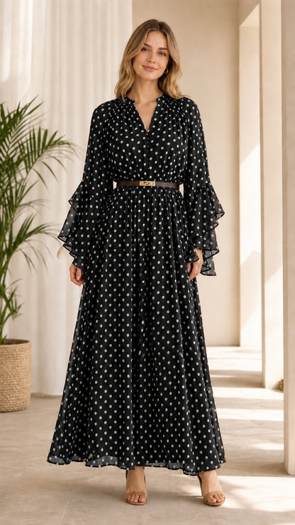 Model wearing black polka dot long sleeve maxi dress with belt