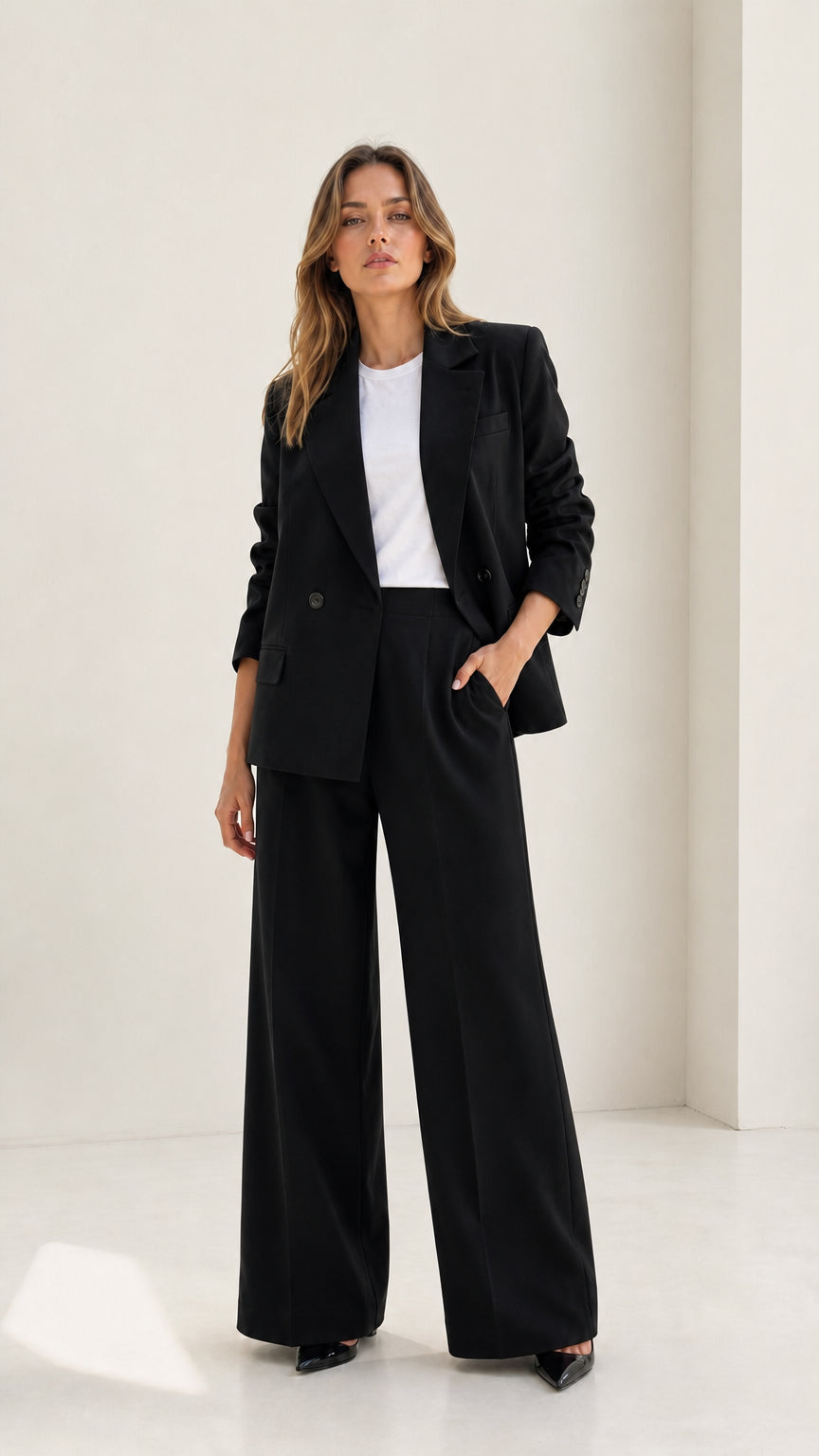 Woman wearing classic black double-breasted blazer and wide-leg pants suit set