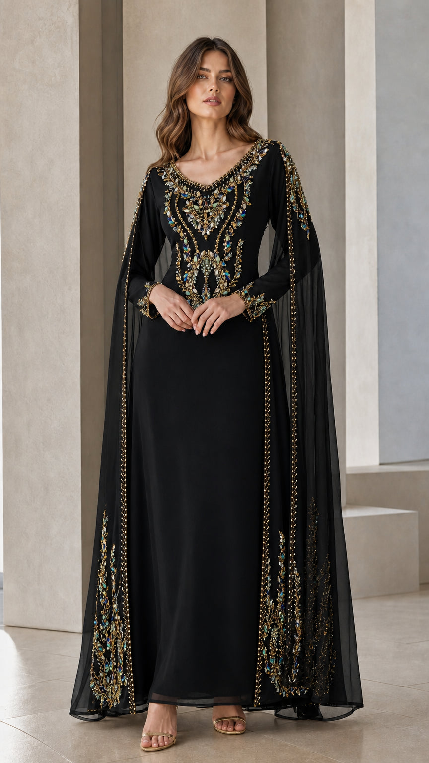Black floor-length evening dress with gold crystal embellishments and cape sleeves