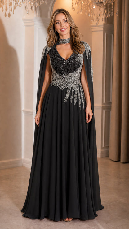 Black beaded cape sleeve floor length evening dress front view