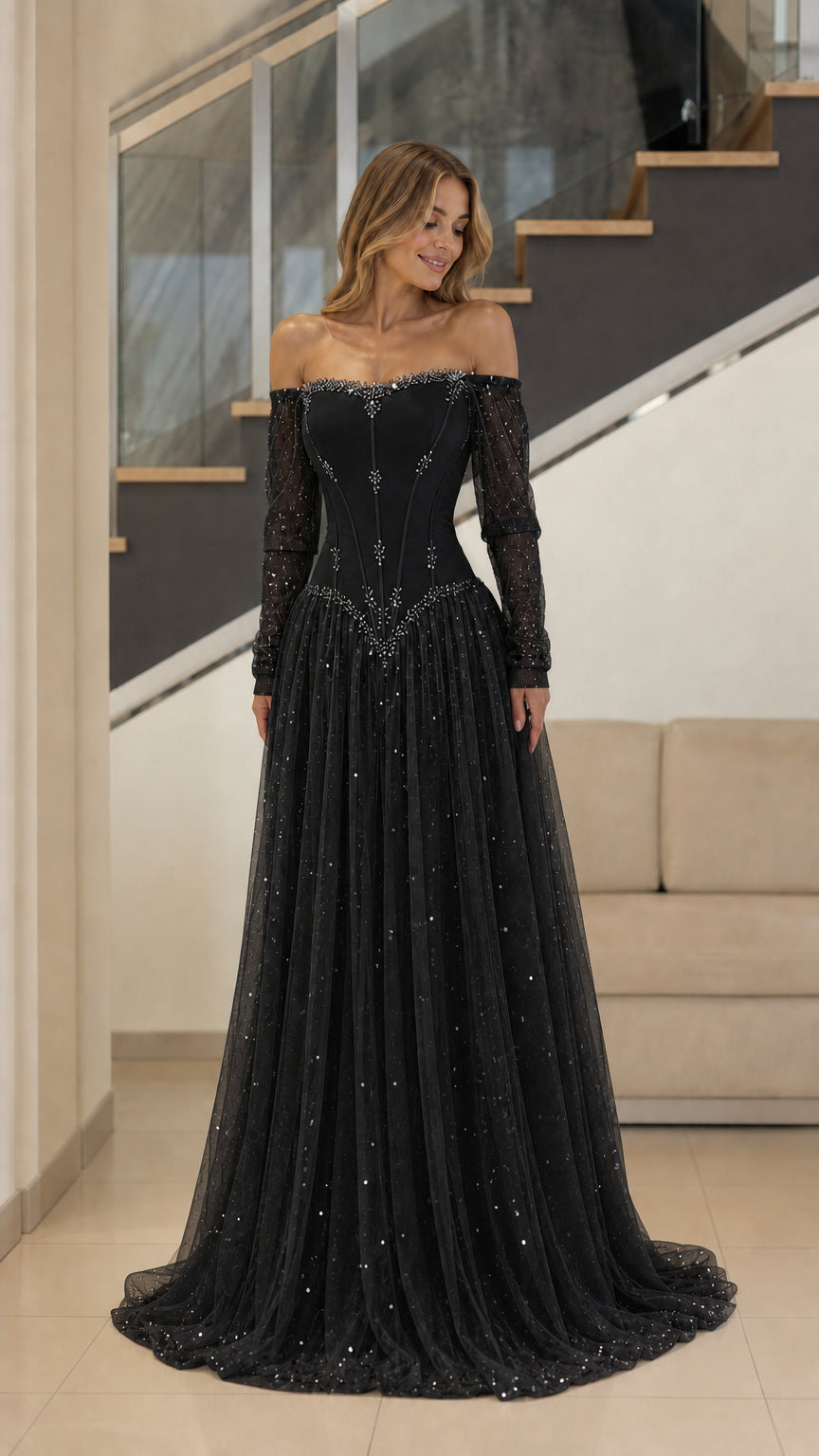 Black off-the-shoulder corset formal gown with long sequin sleeves and sparkling tulle skirt