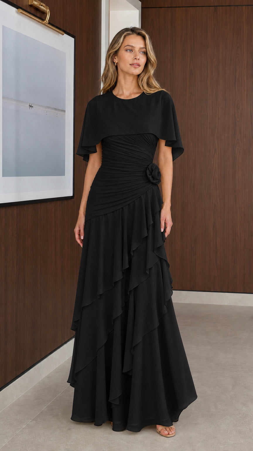 Model wearing Black capelet chiffon formal maxi dress