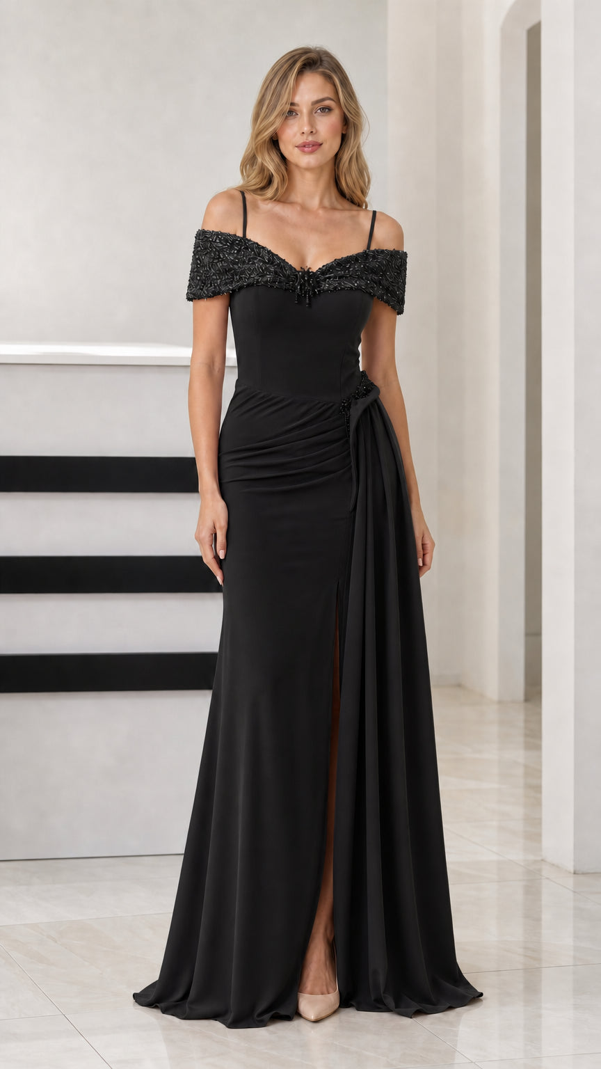 Front view of black off-the-shoulder beaded formal evening gown with slit