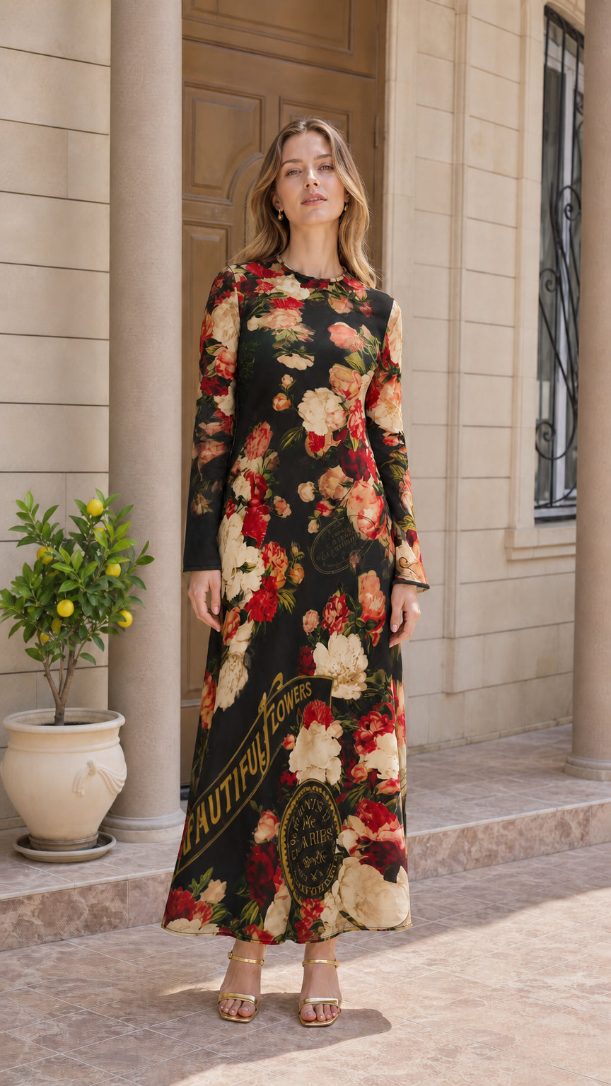 Model wearing black vintage floral print crew neck long sleeve maxi dress