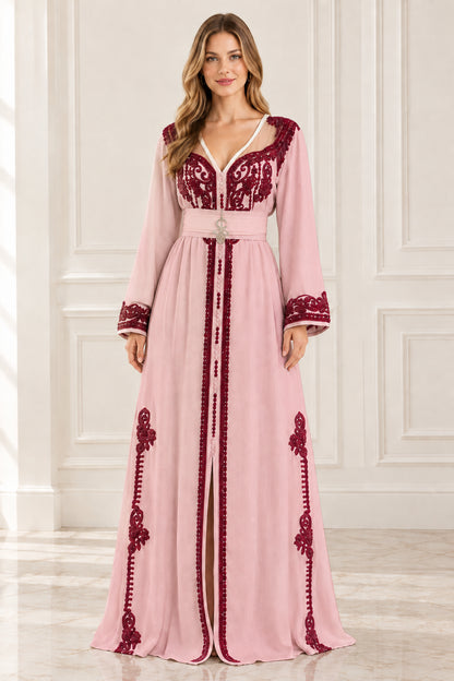 Full front view of dusty pink Moroccan kaftan maxi dress with burgundy embroidery