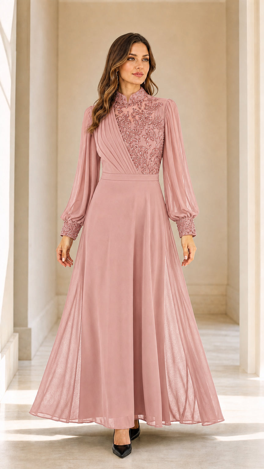 Dusty pink long sleeve beaded chiffon maxi evening dress
