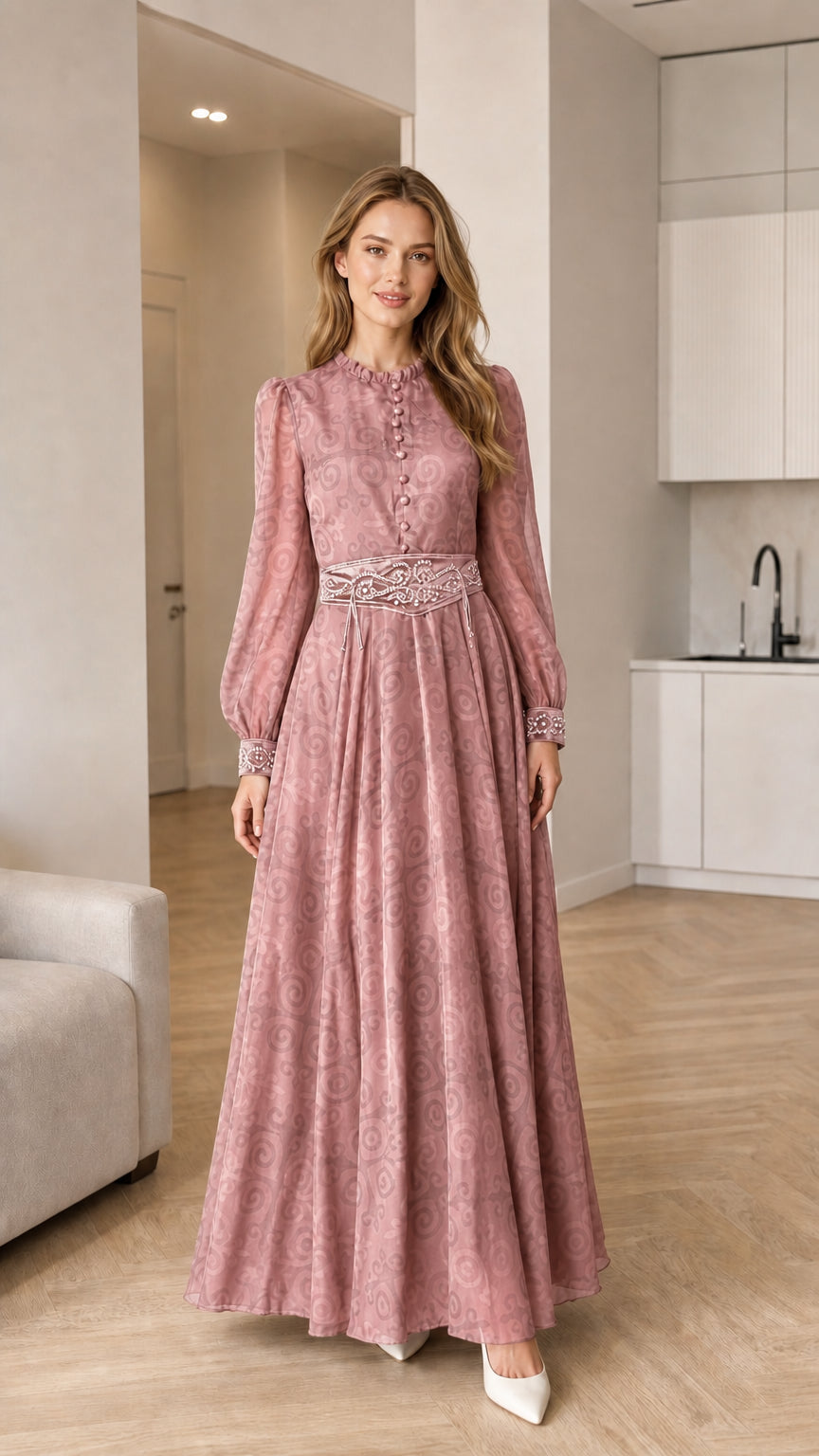 Dusty rose long sleeve jacquard maxi dress with beaded waistband
