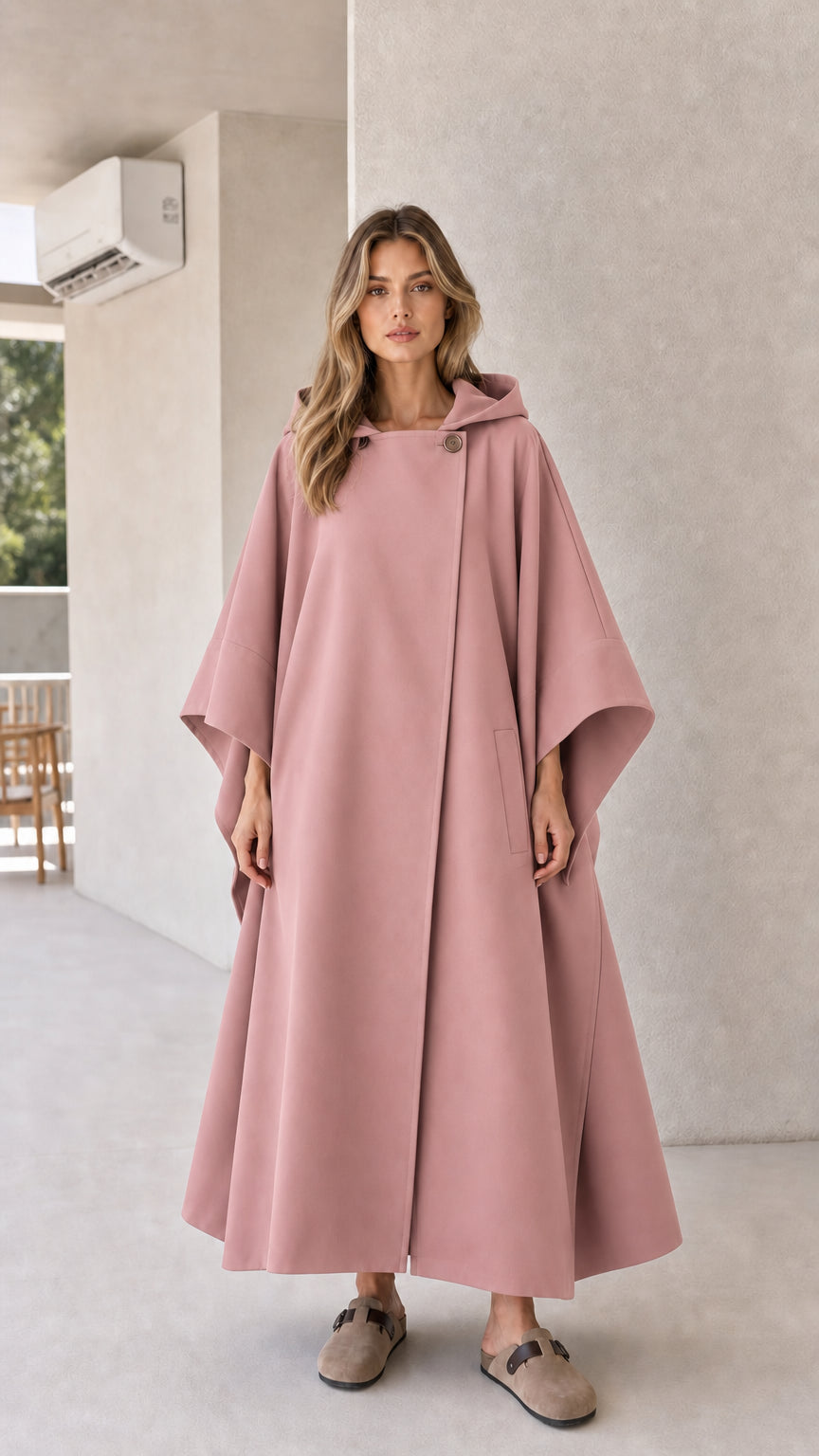 Model wearing dusty pink hooded long cape coat