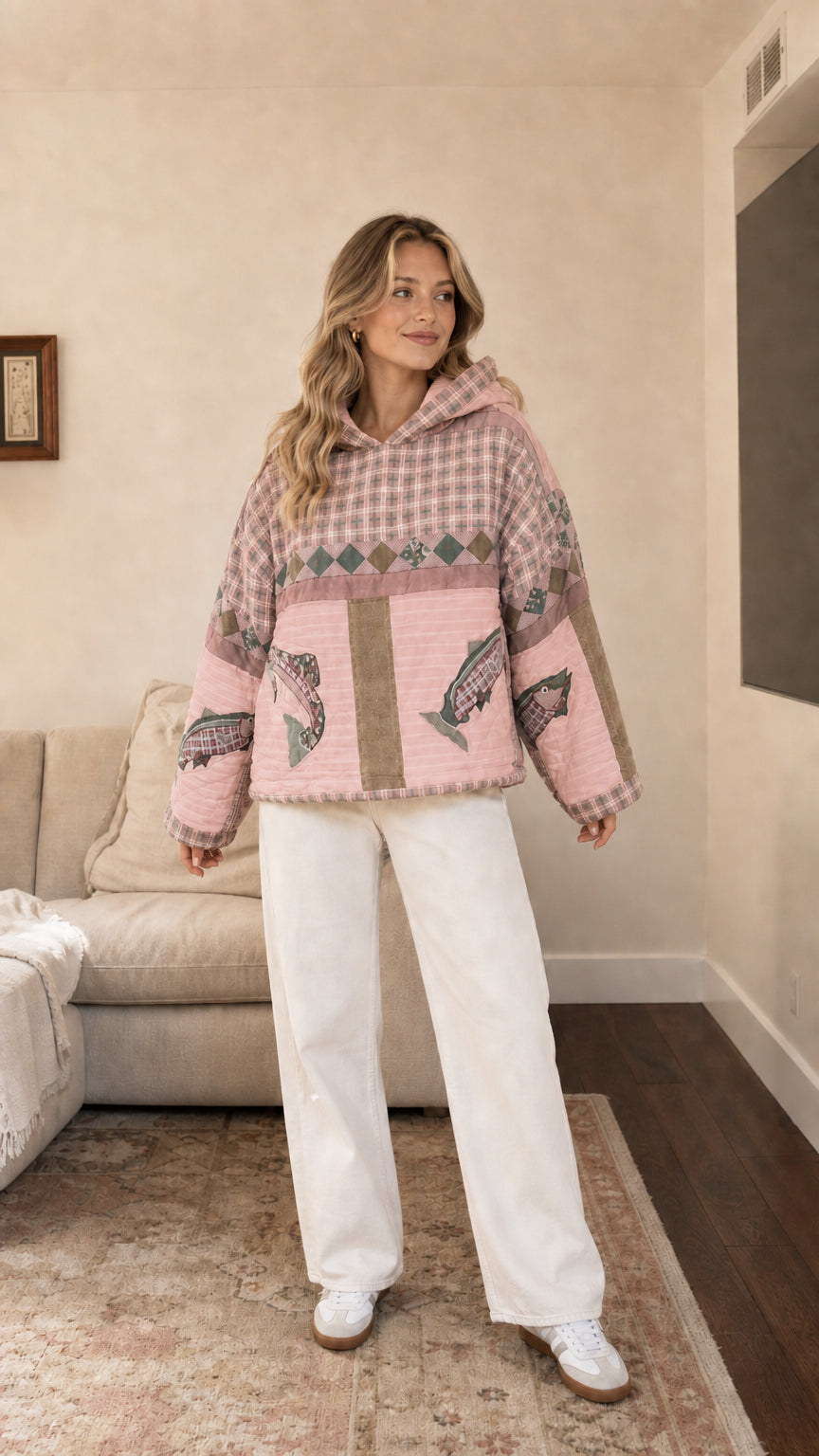Model wearing Dusty Pink quilted patchwork hoodie with fish embroidery