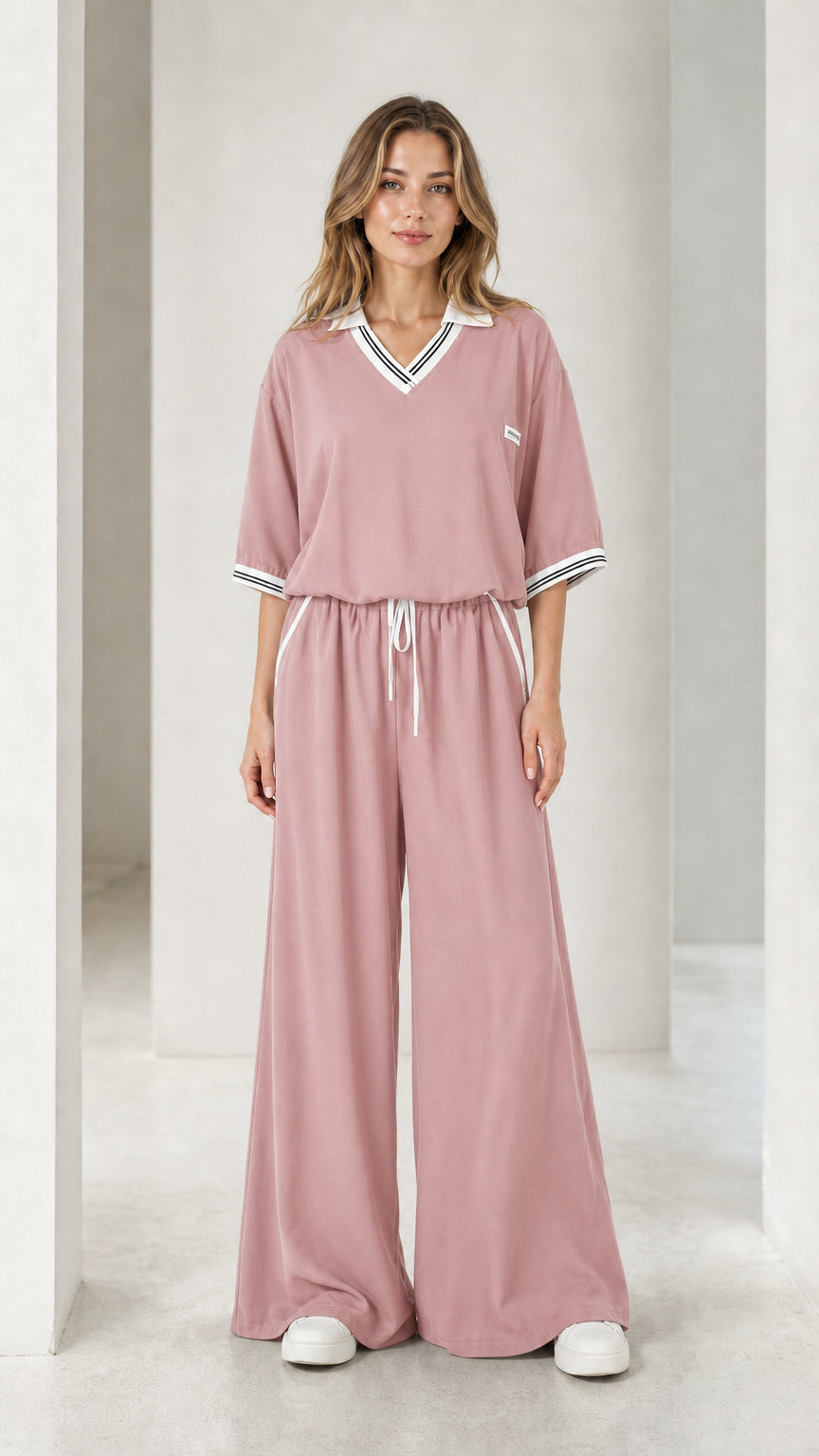 Front view of a dusty pink women's wide-leg jumpsuit with striped polo collar