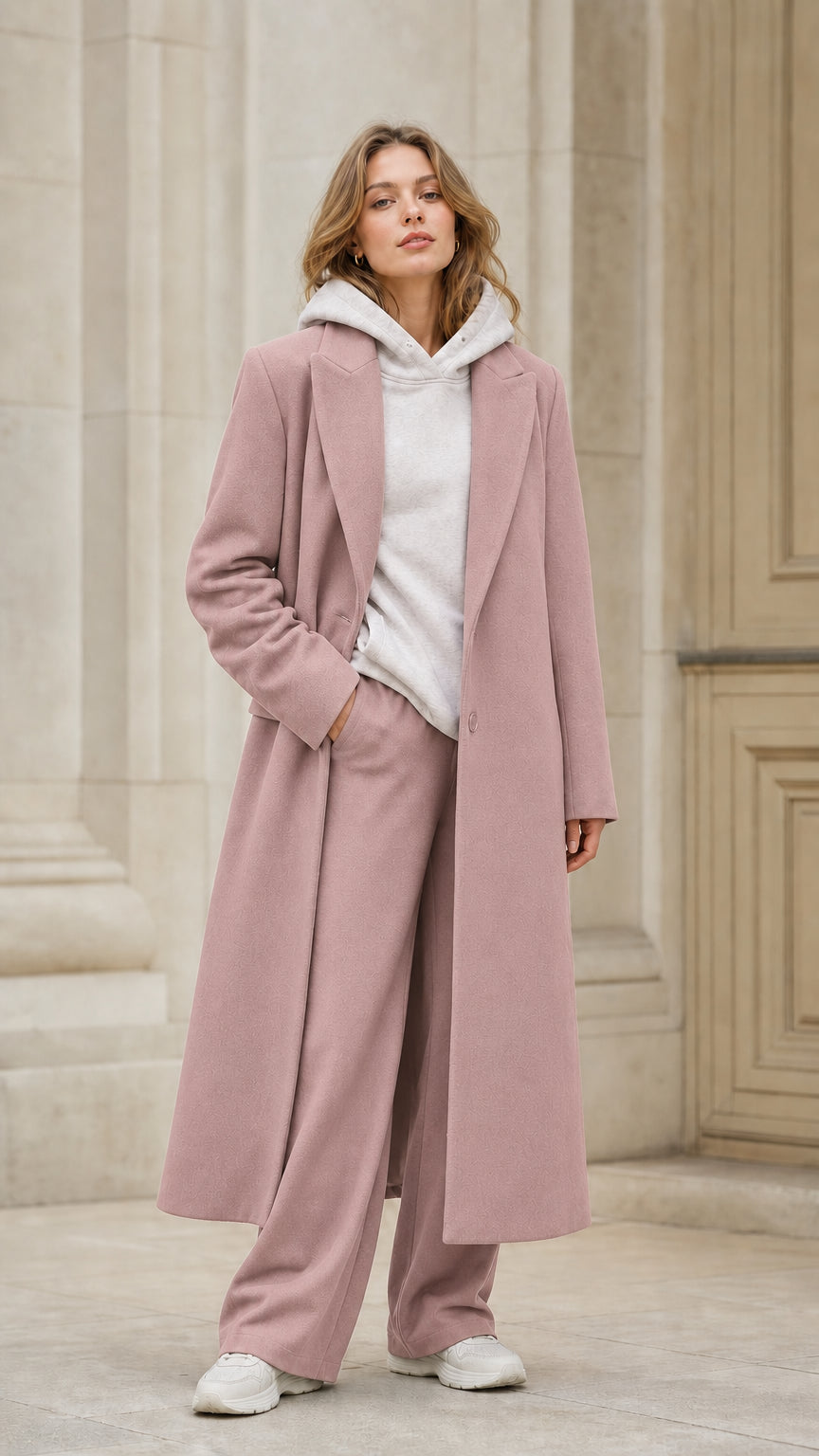 Front view of model wearing dusty pink longline tailored overcoat