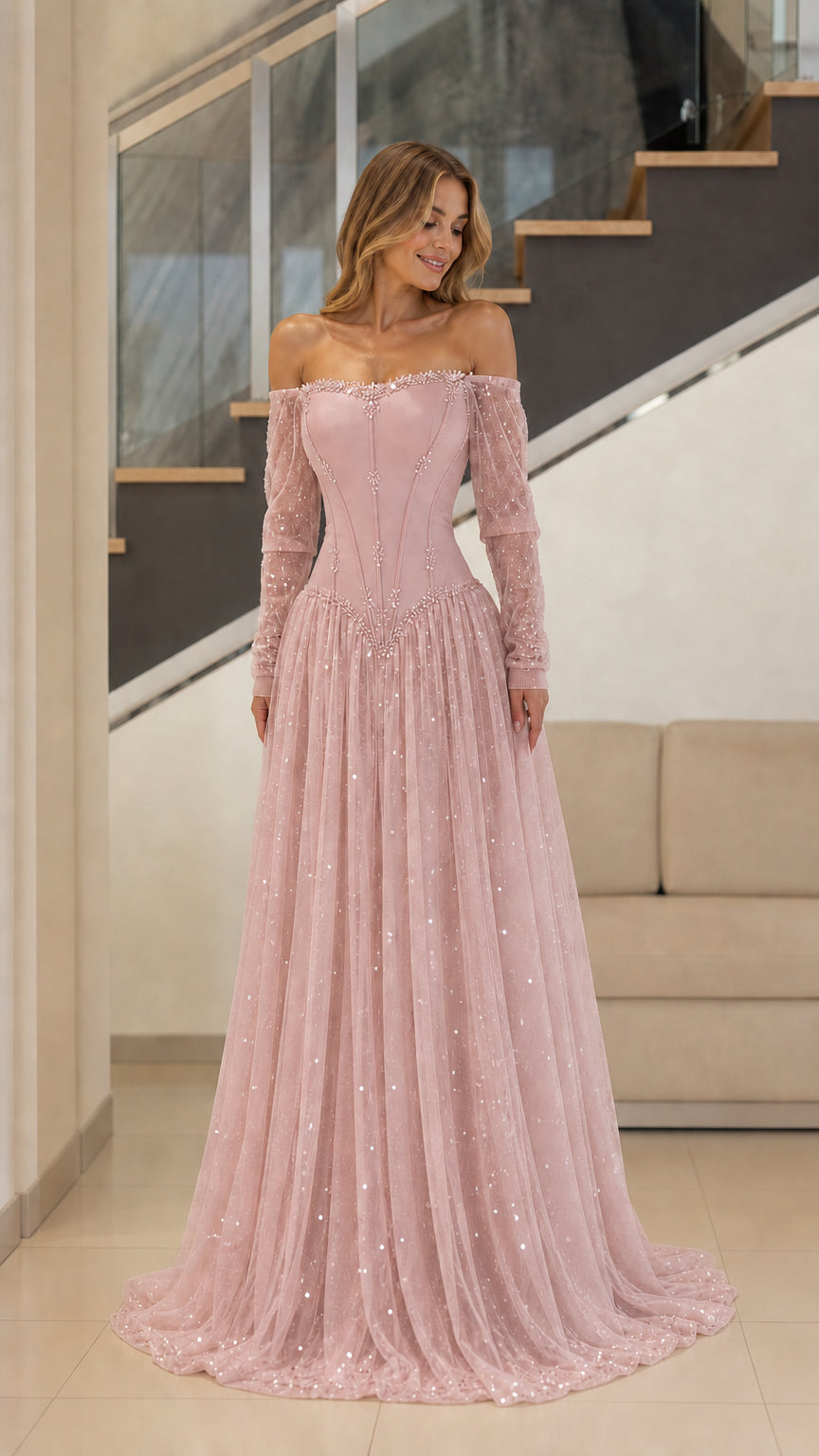 Blush pink off-the-shoulder corset evening gown with pearl waist detailing