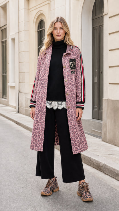 Model wearing Dusty Pink leopard print longline varsity coat