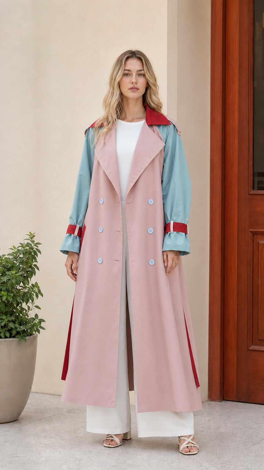 Front view of women's blush pink and teal colorblock long maxi trench coat