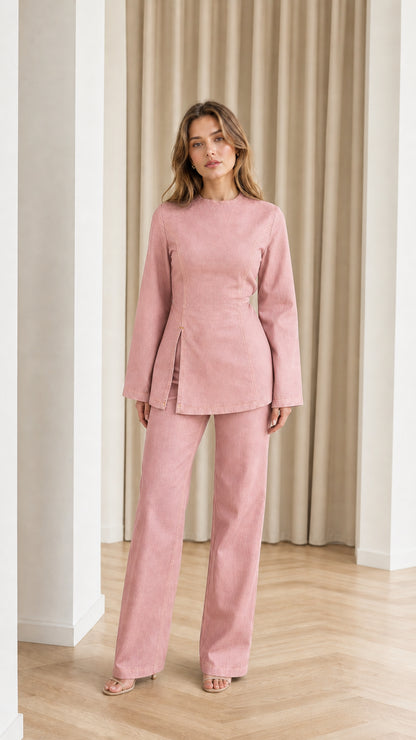 Front full-length view of model in Dusty Pink contrast stitch denim pant set
