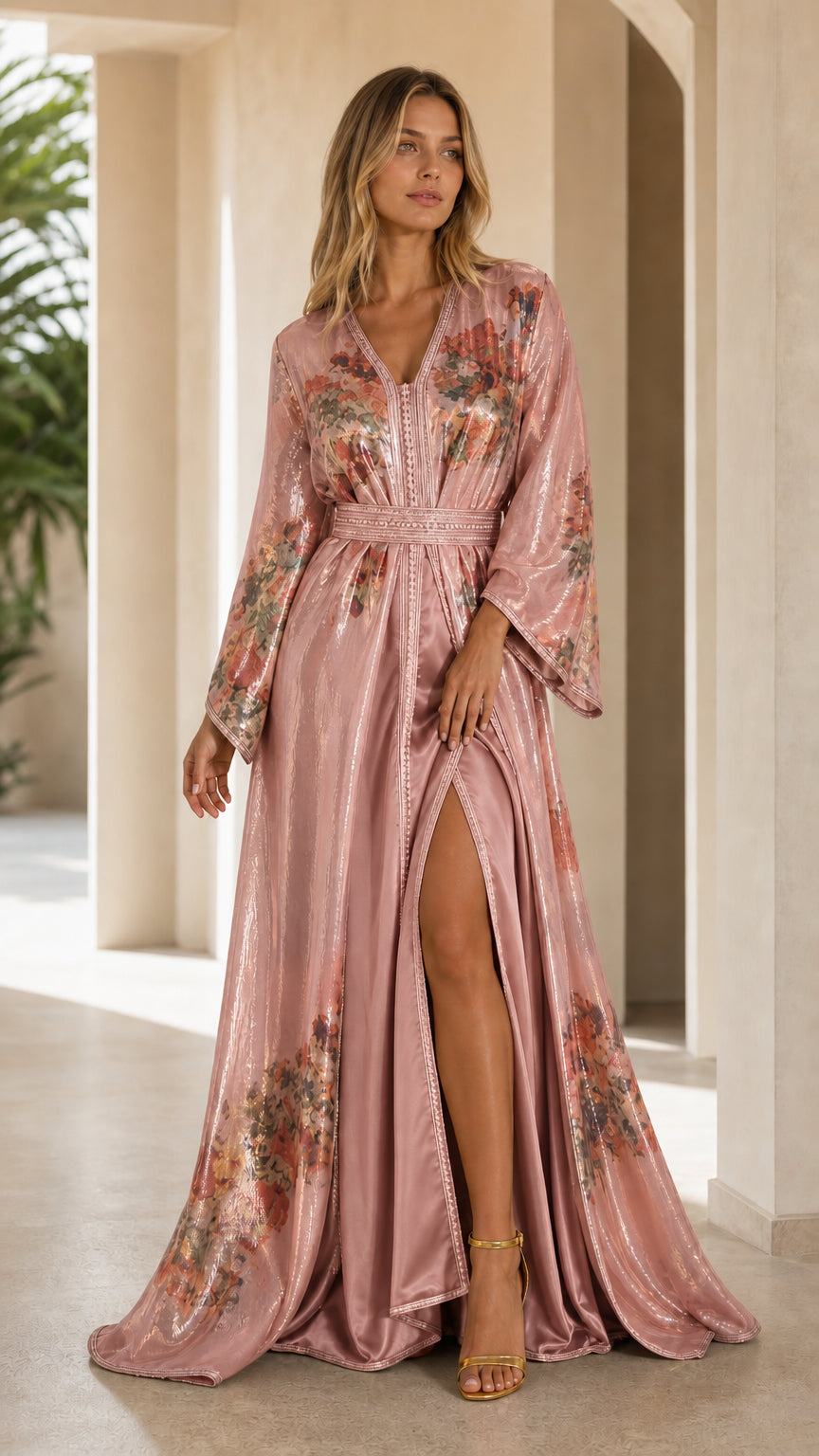 Dusty pink shimmering floral embroidered evening kaftan gown with front slit