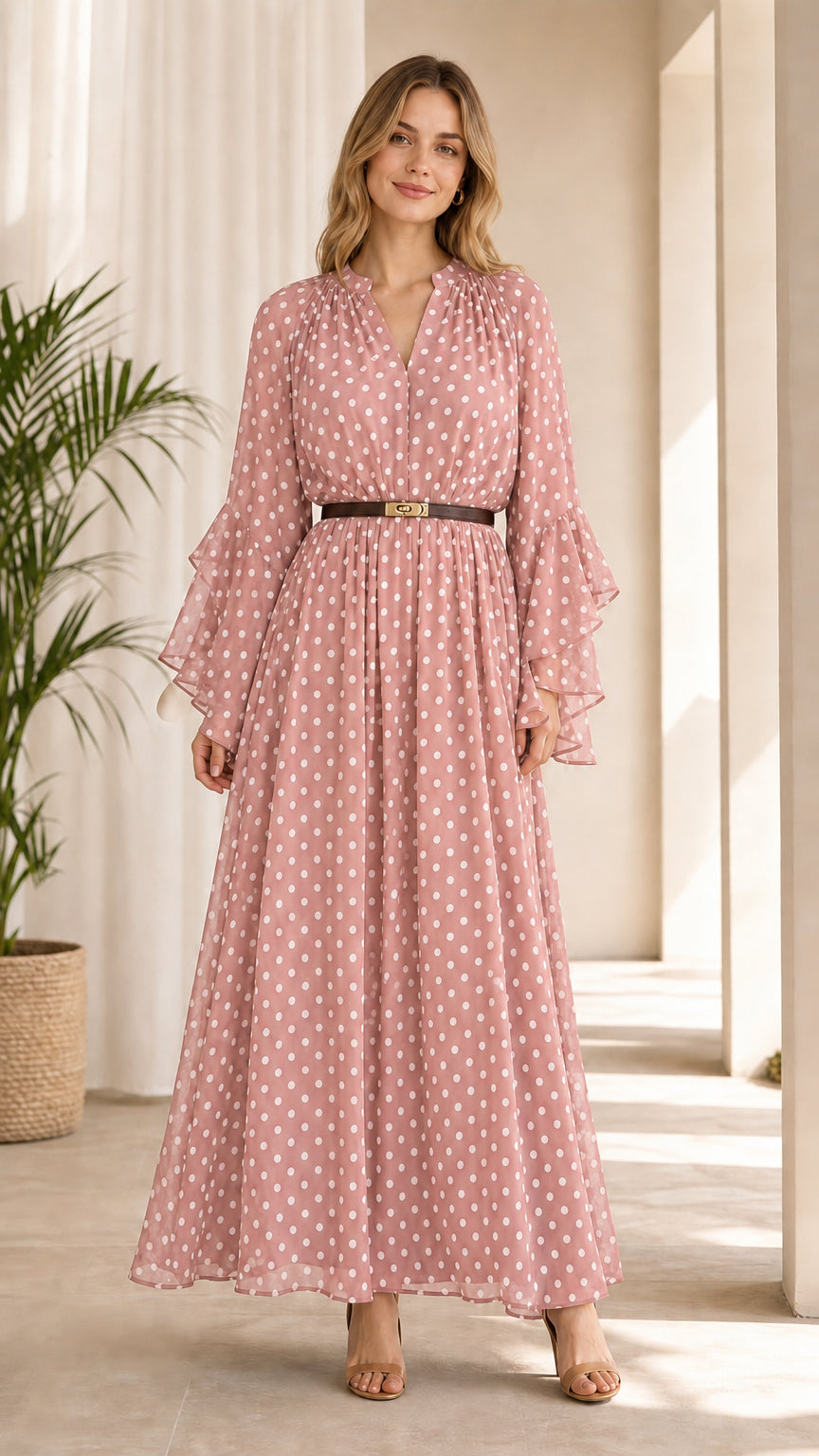 Model wearing dusty pink polka dot maxi dress with ruffle bell sleeves