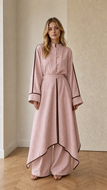 Full front view of dusty pink mandarin collar tunic and wide-leg trousers set