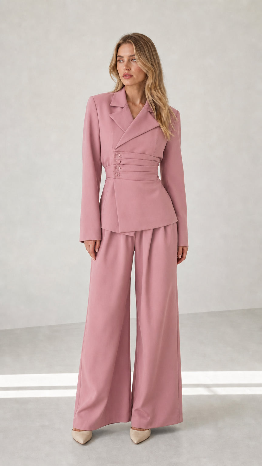 Woman wearing dusty pink two-piece tailored blazer and wide leg pant set