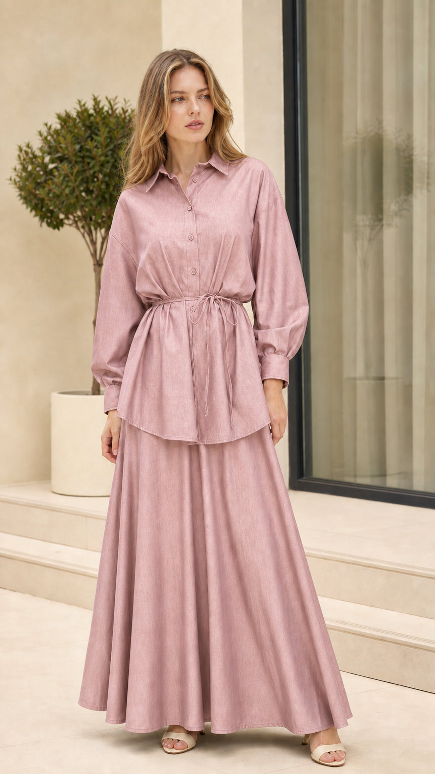 Full-length view of woman wearing Dusty Pink collared shirt and maxi skirt set