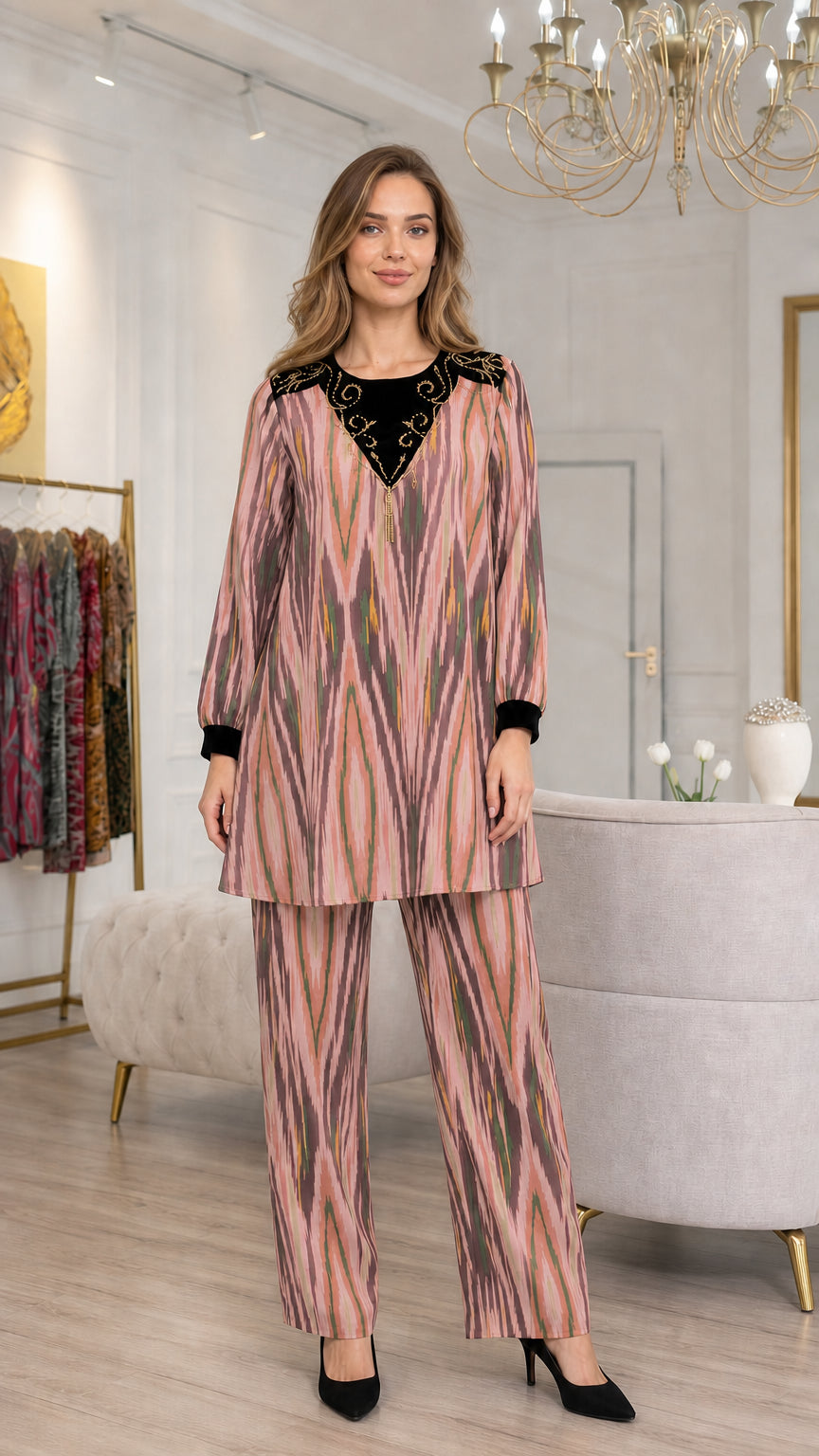 Model wearing Dusty Pink ikat print tunic top and matching trousers