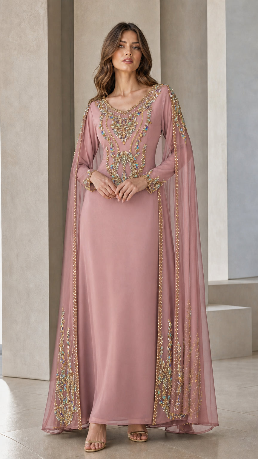 Dusty pink cape sleeve maxi gown with intricate beaded bodice and cuffs