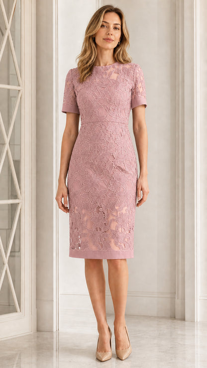 Full front view of dusty rose floral lace knee-length dress