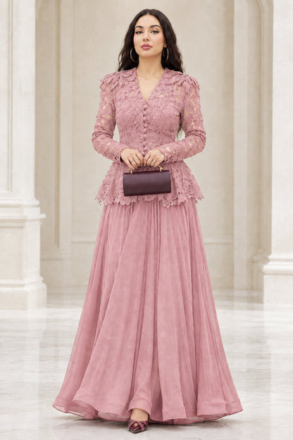 Model wearing dusty rose lace peplum floor-length formal gown