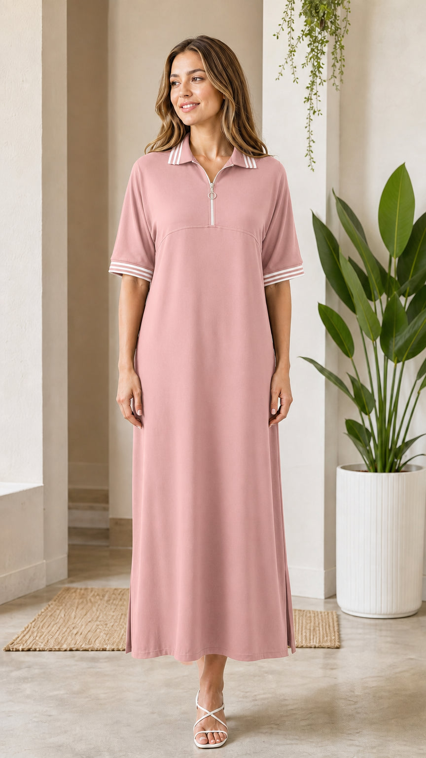 Women's dusty pink half-zip polo maxi dress with striped collar
