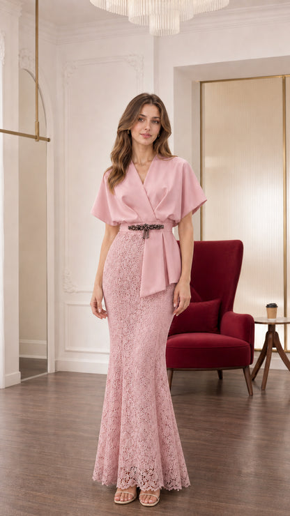 Full front view of blush pink draped v-neck lace mermaid formal maxi dress