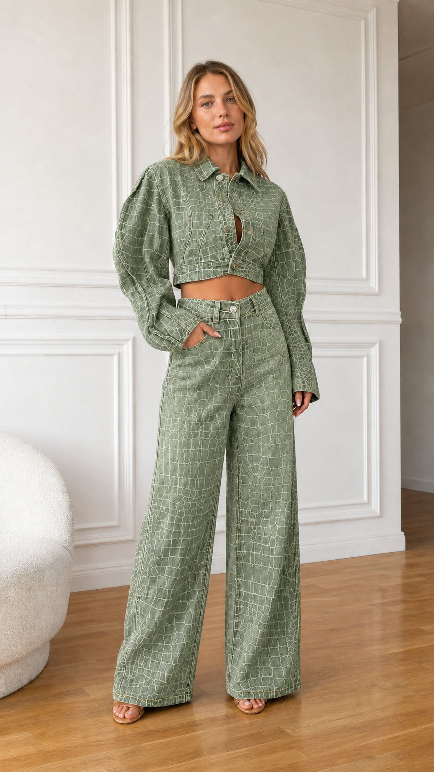 Model wearing sage green crocodile pattern cropped denim jacket and wide leg trousers set