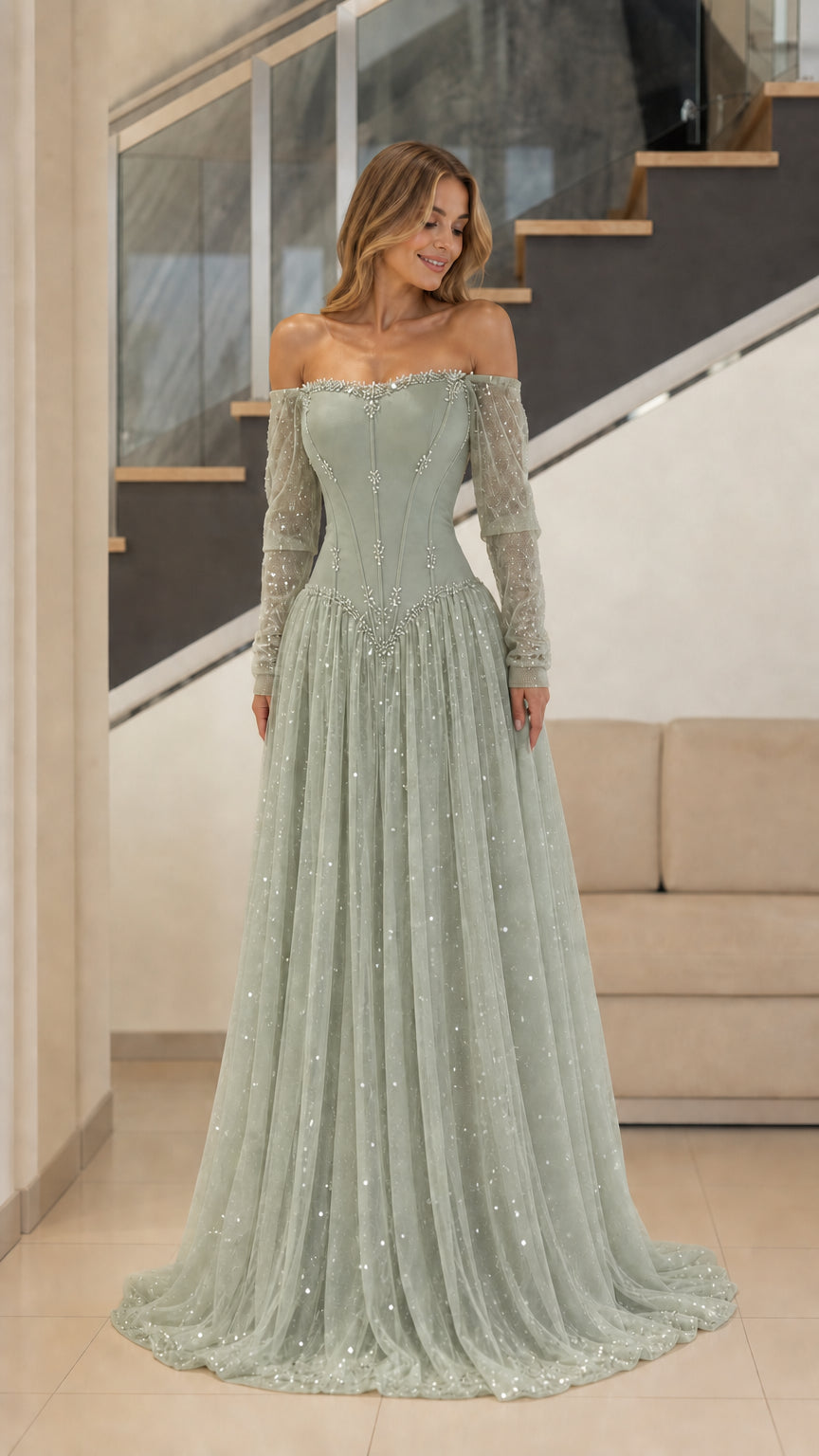 Sage green off-the-shoulder corset tulle gown with beaded basque waist