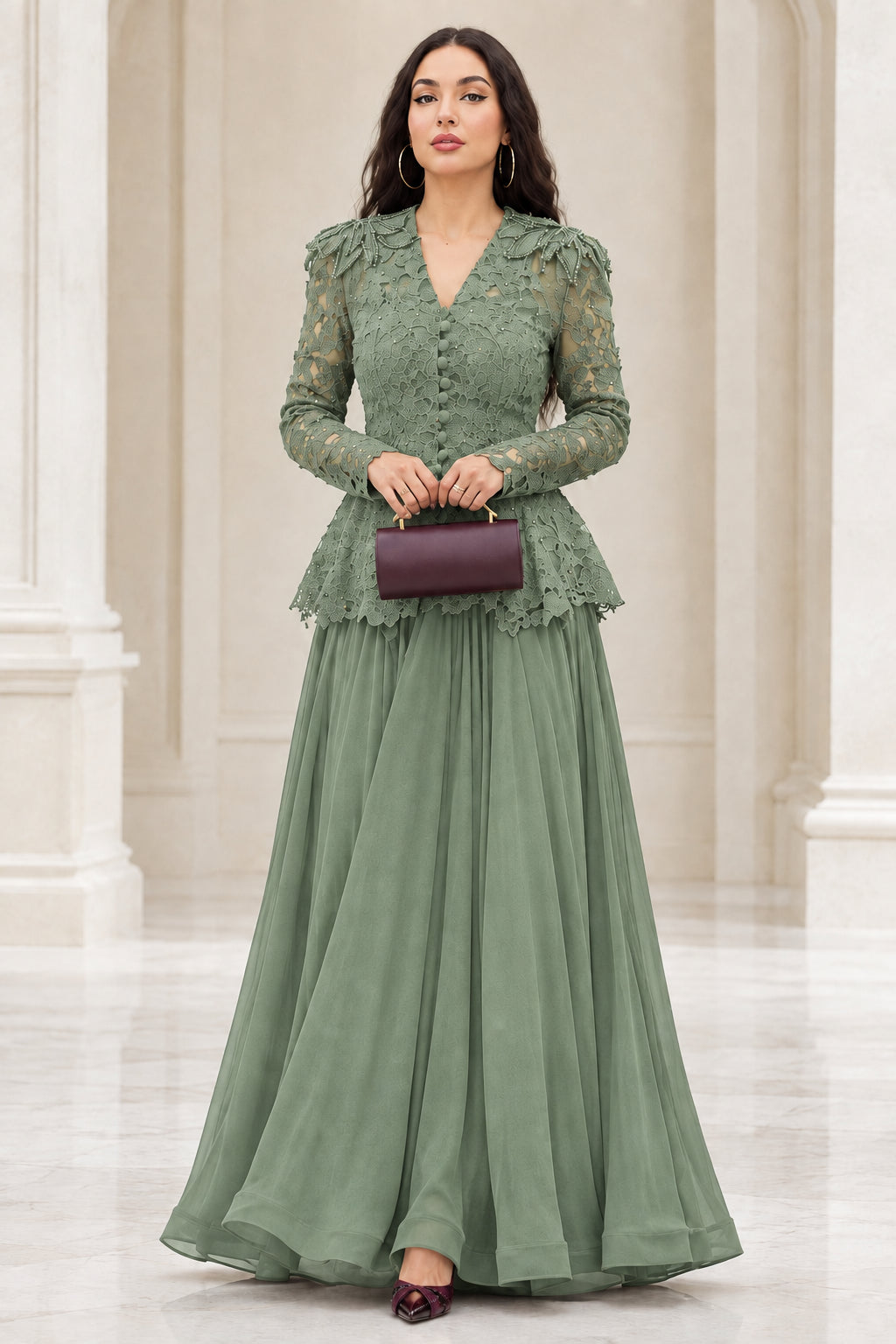 Model wearing sage green long sleeve lace peplum evening dress