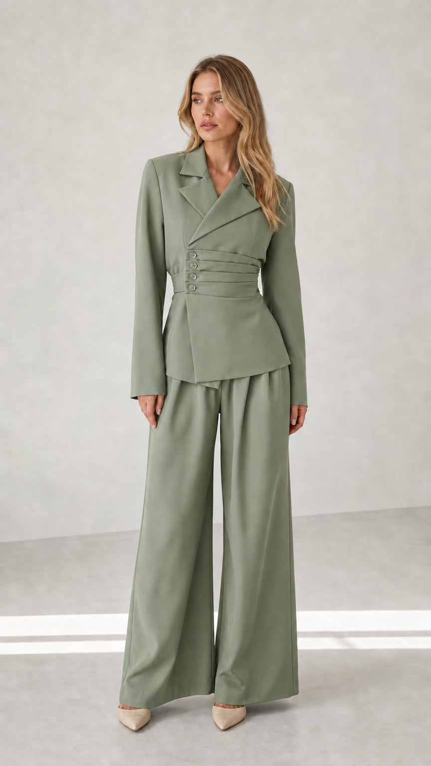 Woman wearing sage green tailored blazer and wide leg trousers set