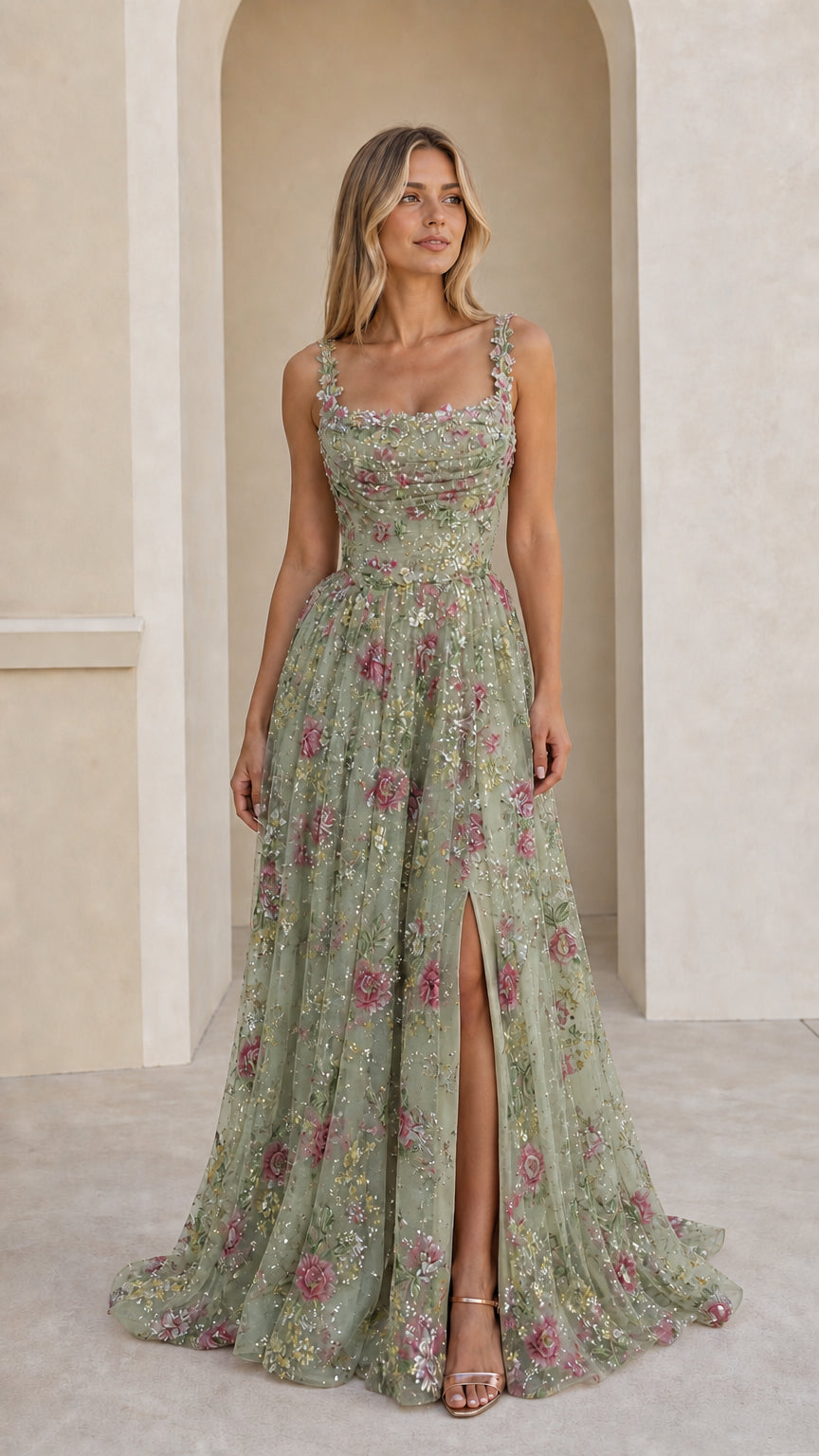 Front view of sage green floral embroidered sequin evening dress with front slit