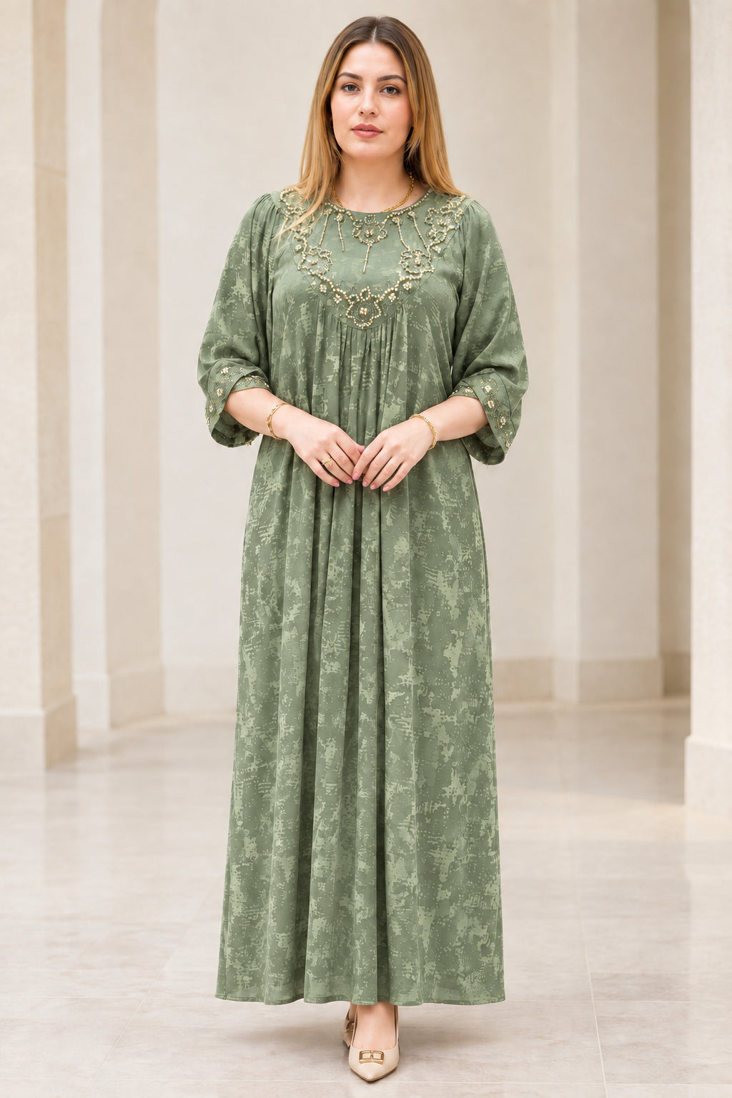 Full front view of Sage Green modest embroidered maxi dress