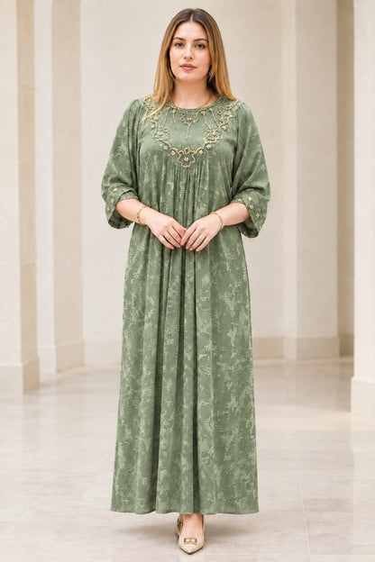 Full front view of Sage Green modest embroidered maxi dress