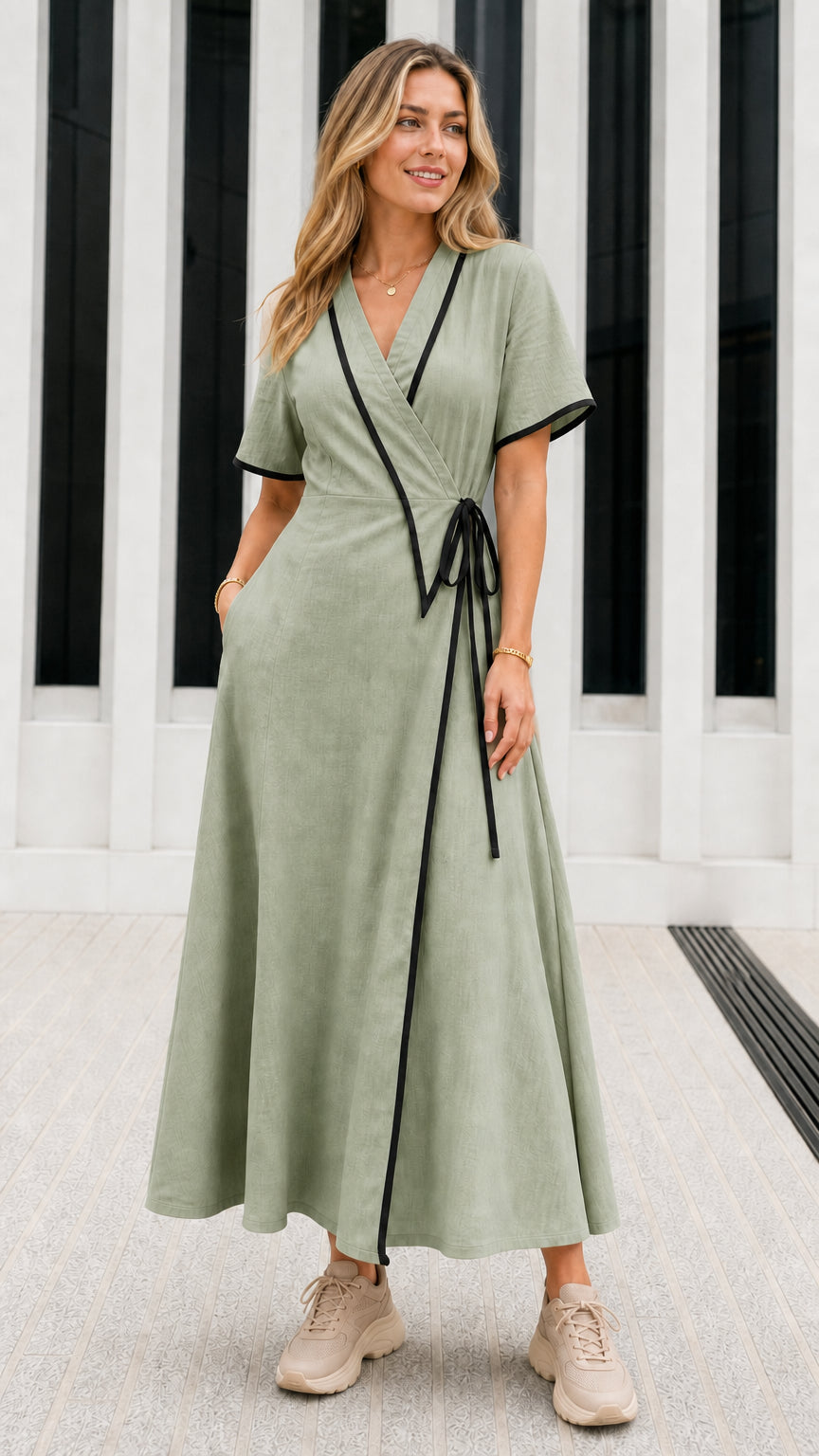 Model wearing Sage Green wrap maxi dress with black contrast trim