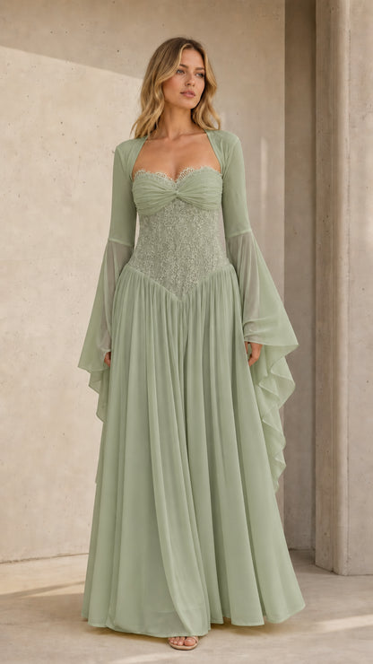 Front view of model wearing sage green bell sleeve chiffon maxi dress