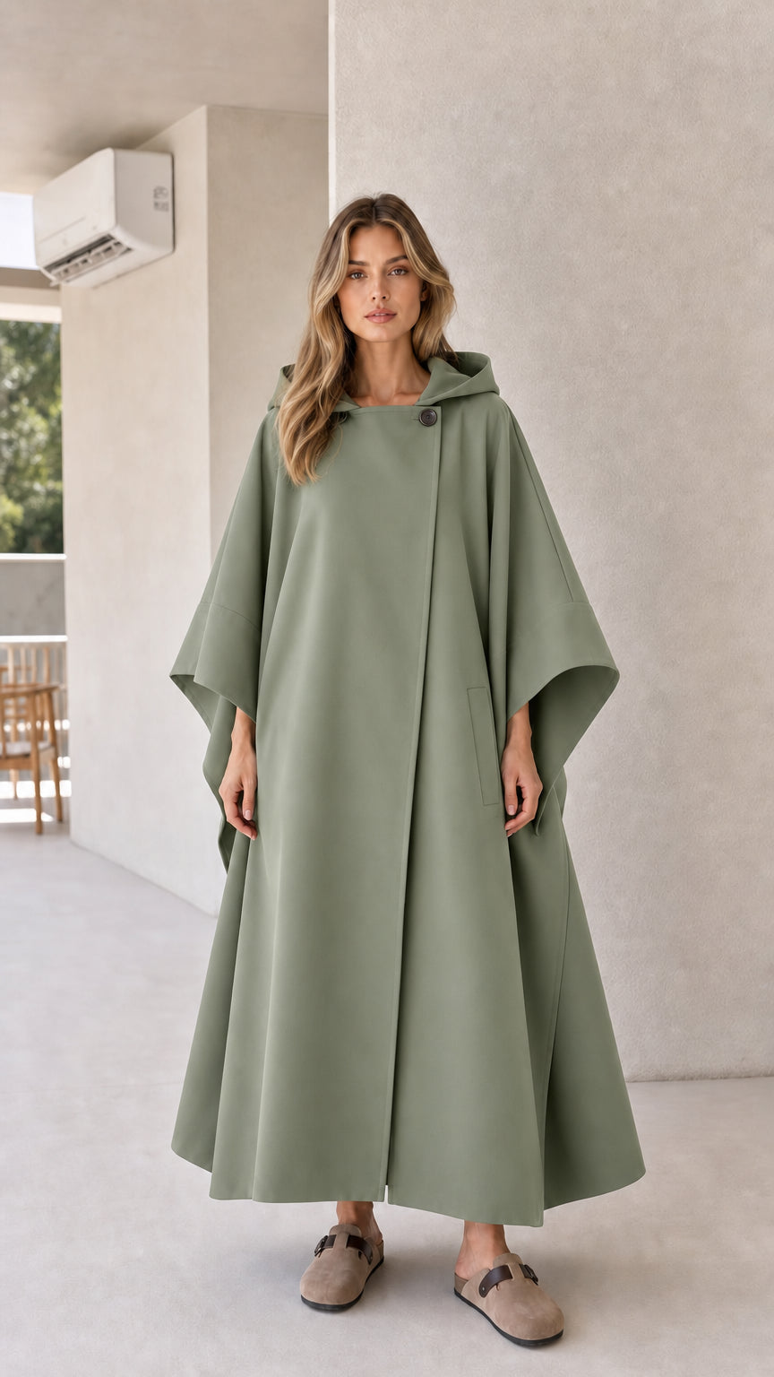 Model wearing sage green hooded maxi cloak wrap