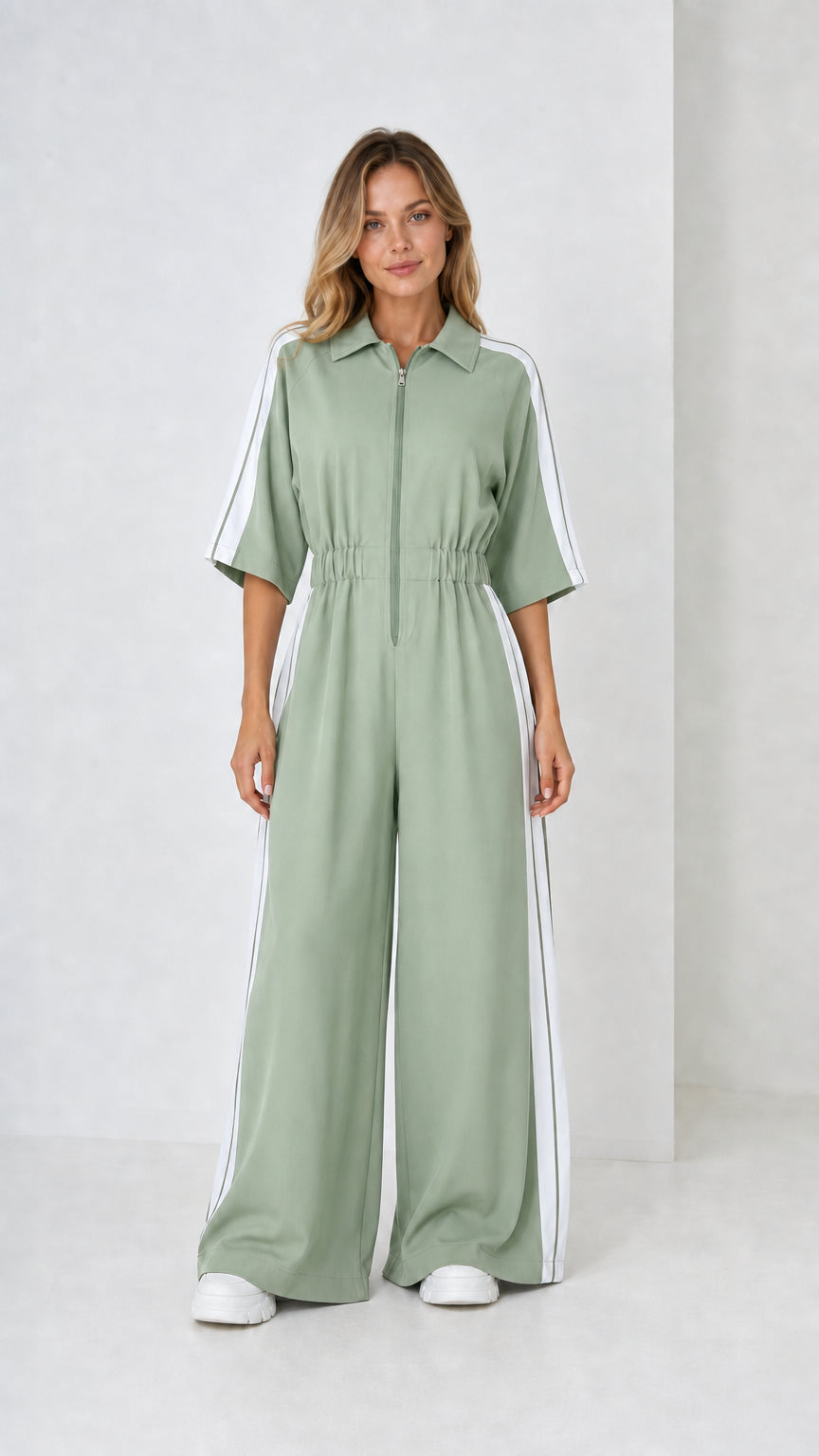 Sage green wide leg collared jumpsuit with white side stripes