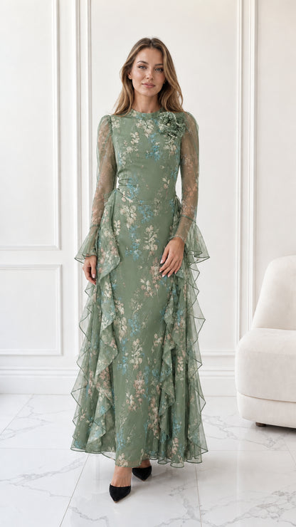 Model wearing sage green floral chiffon long sleeve maxi dress