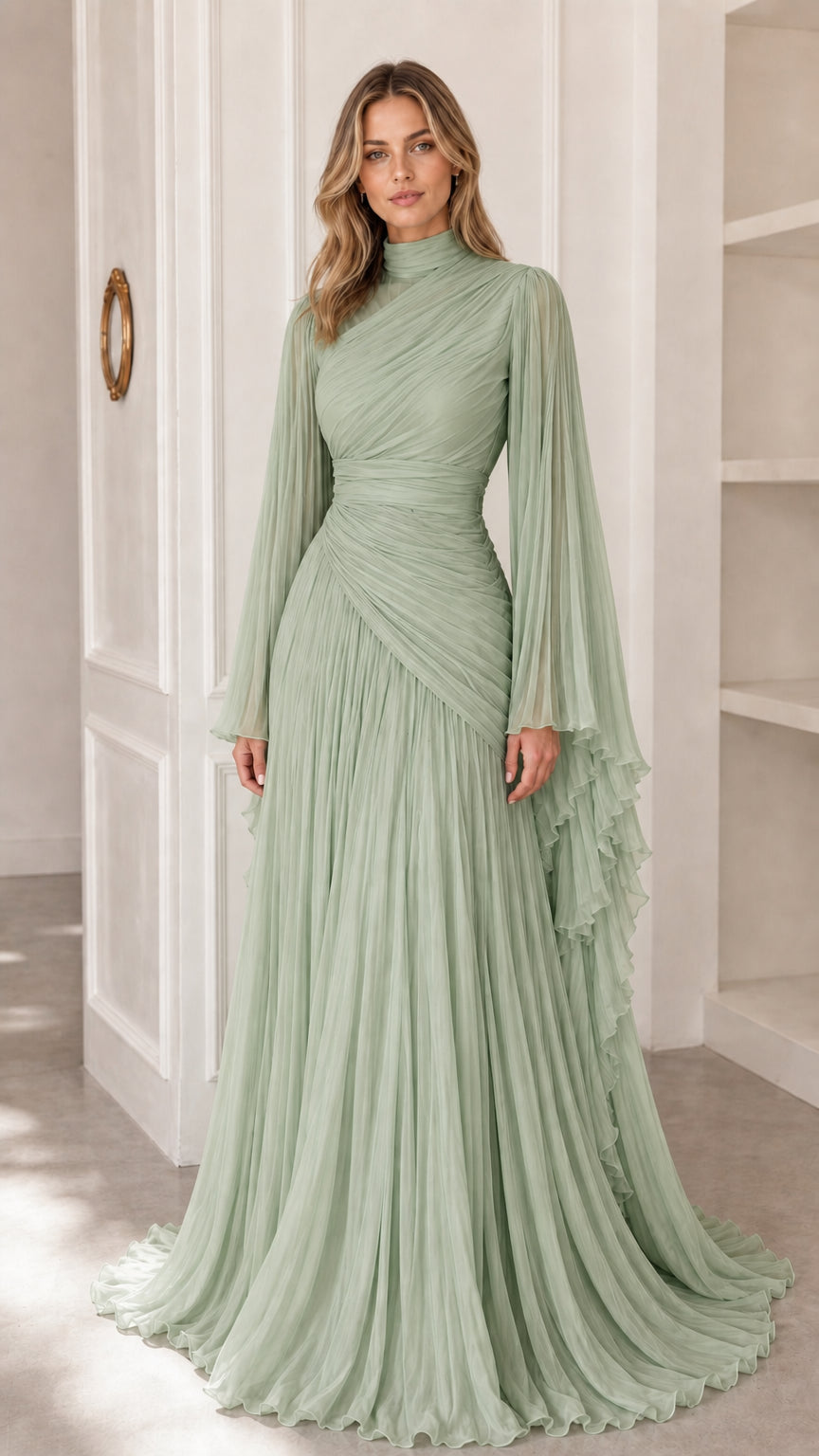 Model wearing sage green pleated high neck evening gown with cape sleeves