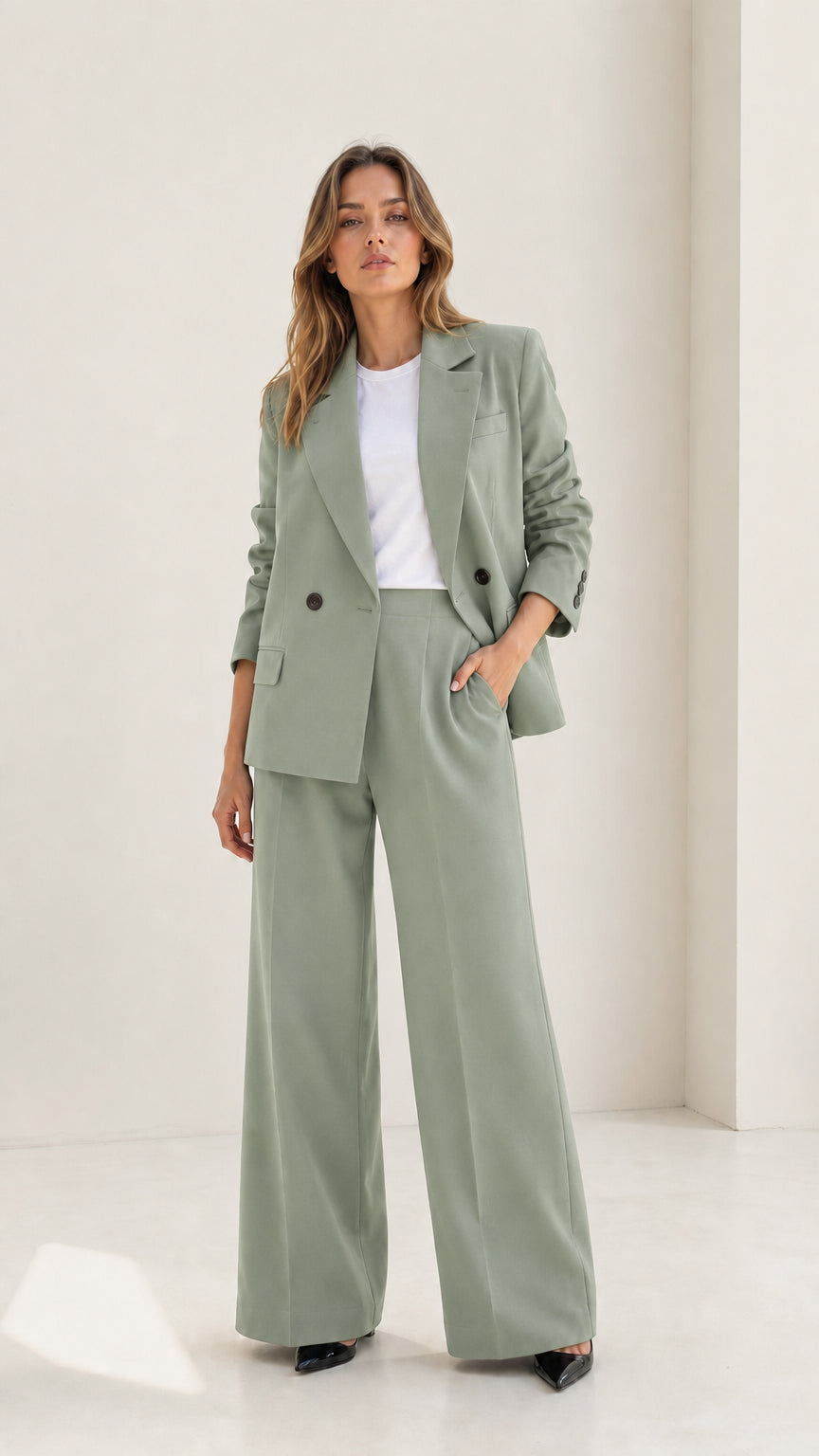 Woman wearing sage green modern tailored blazer and matching wide-leg pants