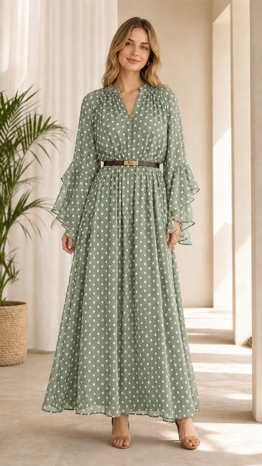 Model wearing sage green polka dot maxi dress with belted waist