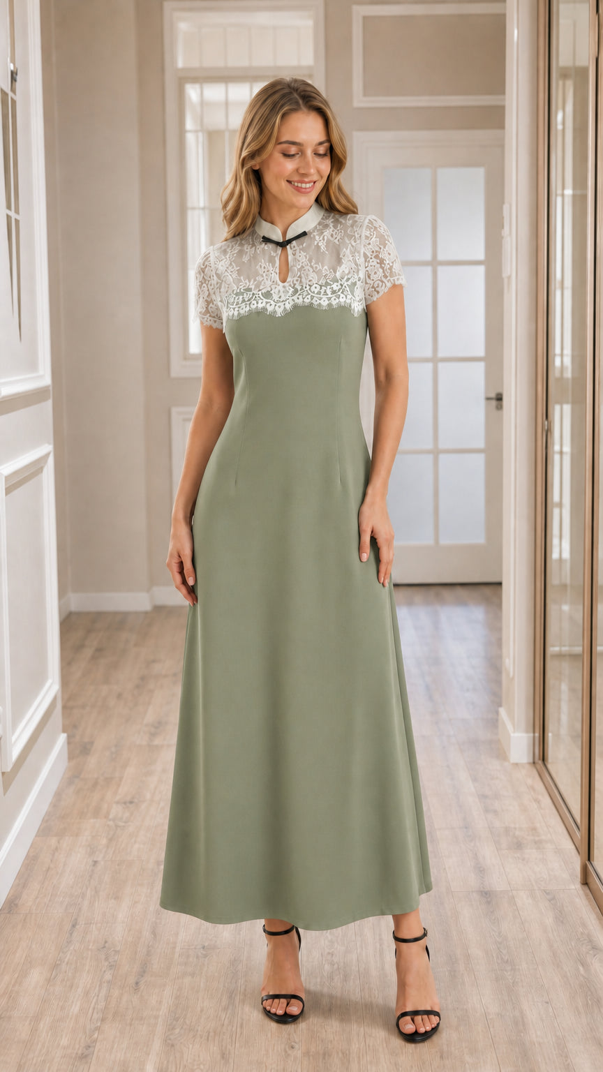 Front view of model wearing sage green lace yoke A-line maxi dress