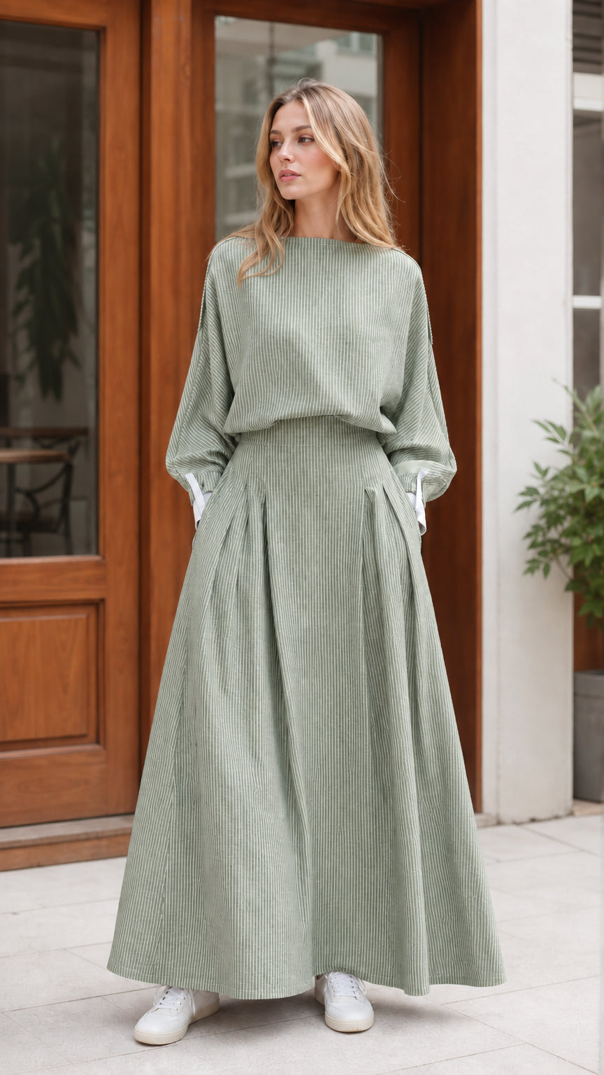 Model wearing sage green striped boat neck maxi dress