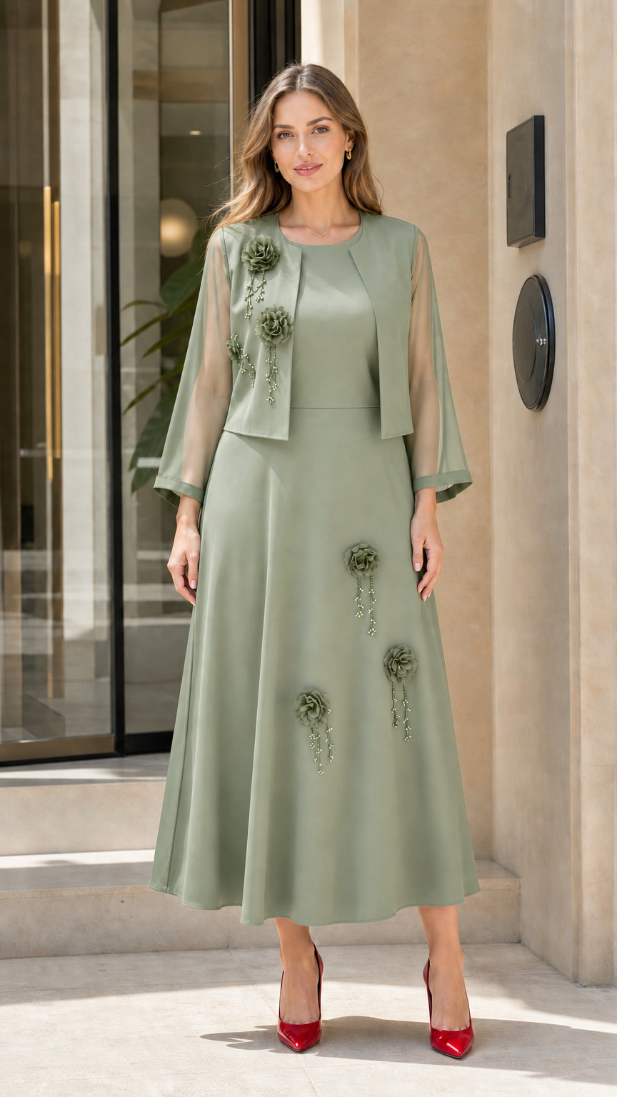 Full front view of Sage Green 2-piece formal maxi dress set with sheer sleeves