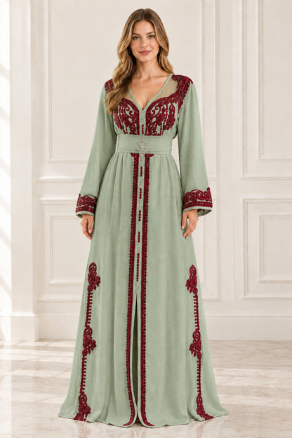 Full front view of sage green Moroccan kaftan maxi dress with burgundy embroidery