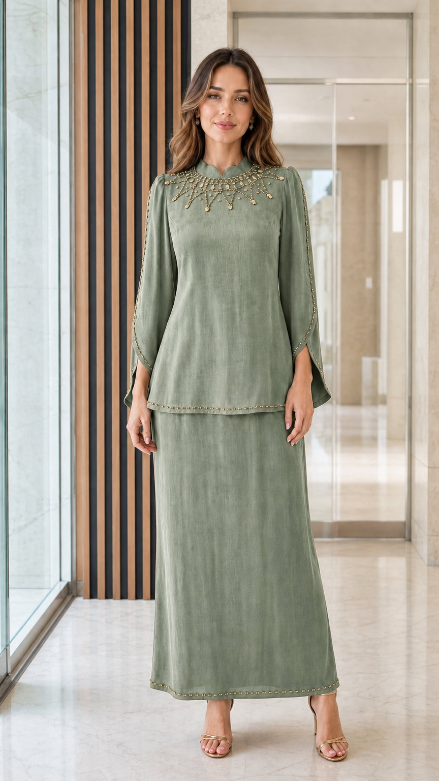 Sage green 2-piece modest long sleeve tunic and skirt set